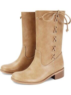 Women's Nude Wide Lace up Chunky Low Heel Booties Comfortable Round Toe Boots